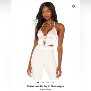 Revolve ❤︎︎  Superdown | Skylar Lace Up Top in Champagne